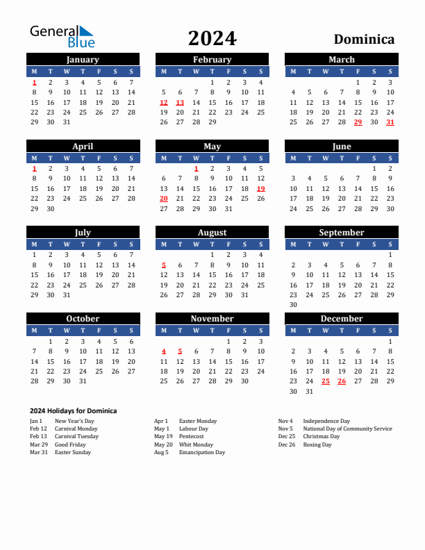 2024 Dominica Holiday Calendar