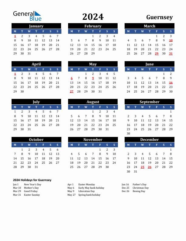 2024 Guernsey Holiday Calendar