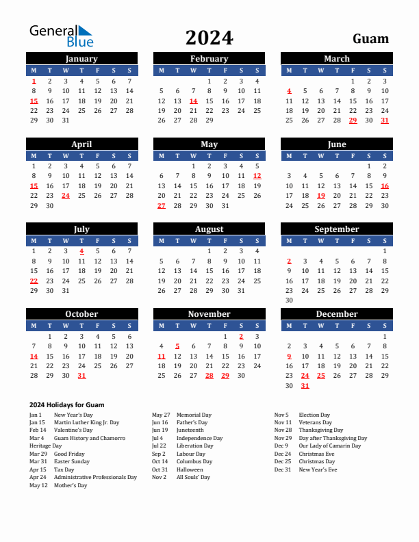 2024 Guam Holiday Calendar