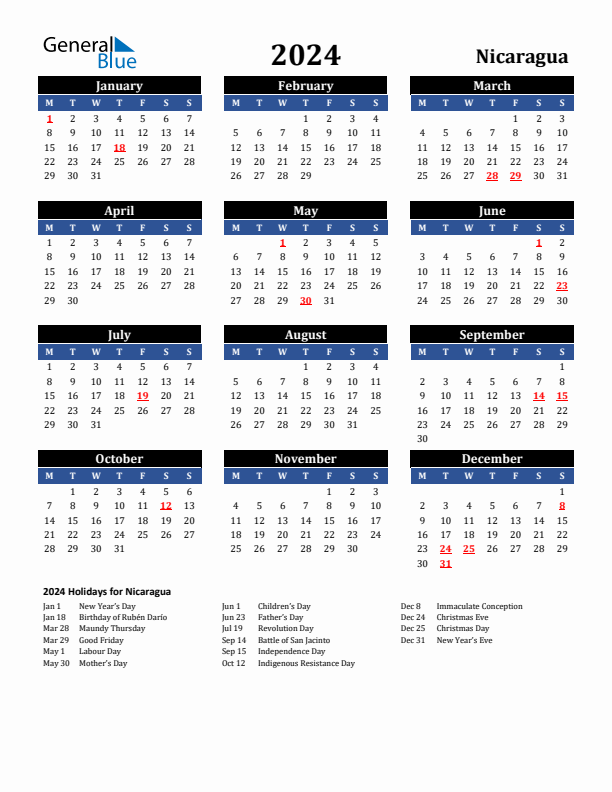 2024 Nicaragua Holiday Calendar