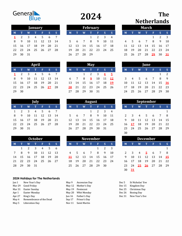 2024 The Netherlands Holiday Calendar