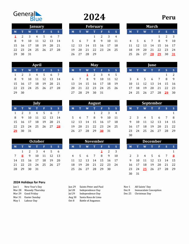 2024 Peru Holiday Calendar