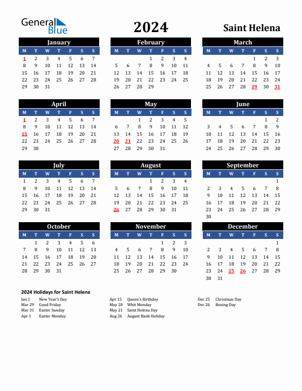 2024 Saint Helena Holiday Calendar