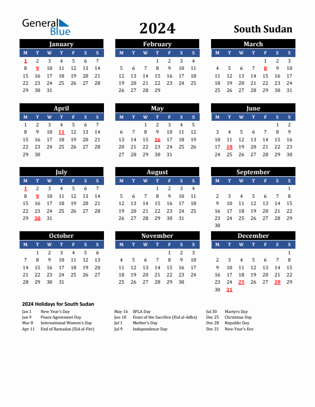 2024 South Sudan Holiday Calendar