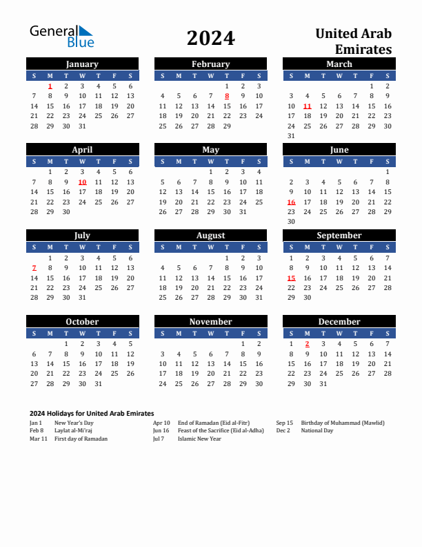 2024 United Arab Emirates Holiday Calendar