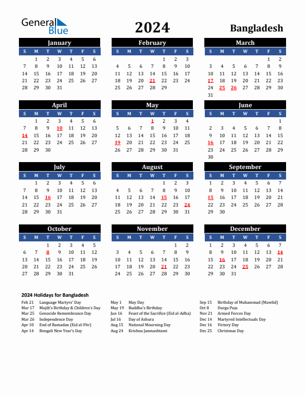 2024 Bangladesh Holiday Calendar