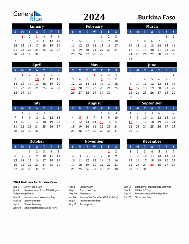 2024 Burkina Faso Holiday Calendar