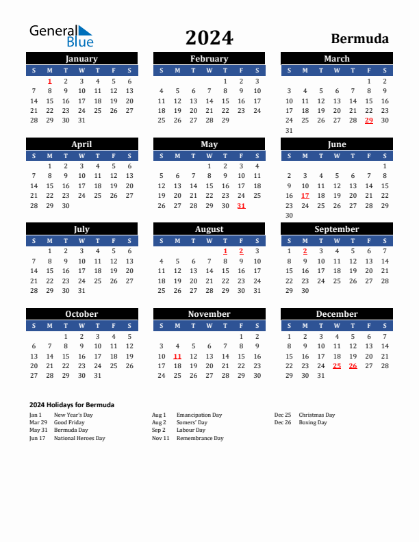 2024 Bermuda Holiday Calendar