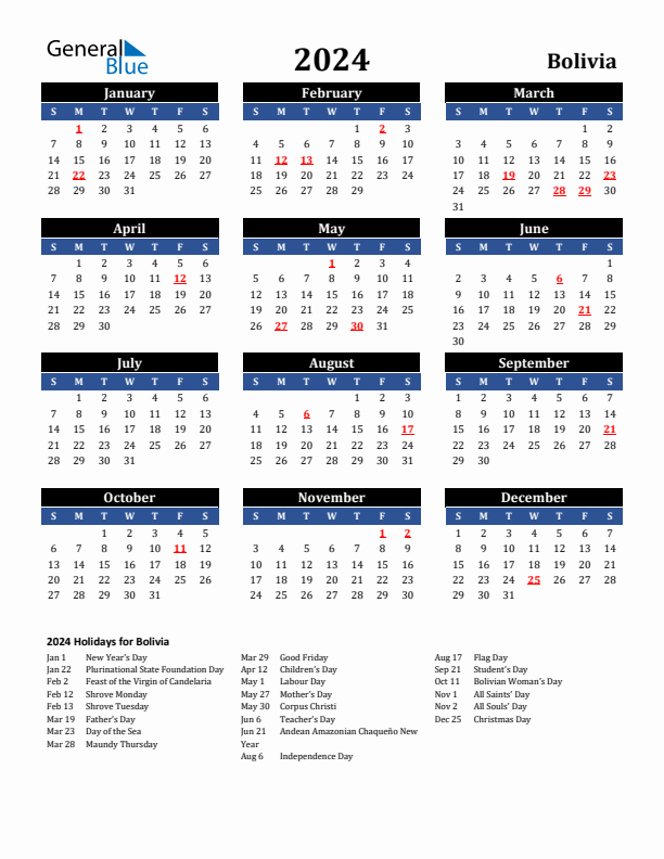 2024 Bolivia Holiday Calendar