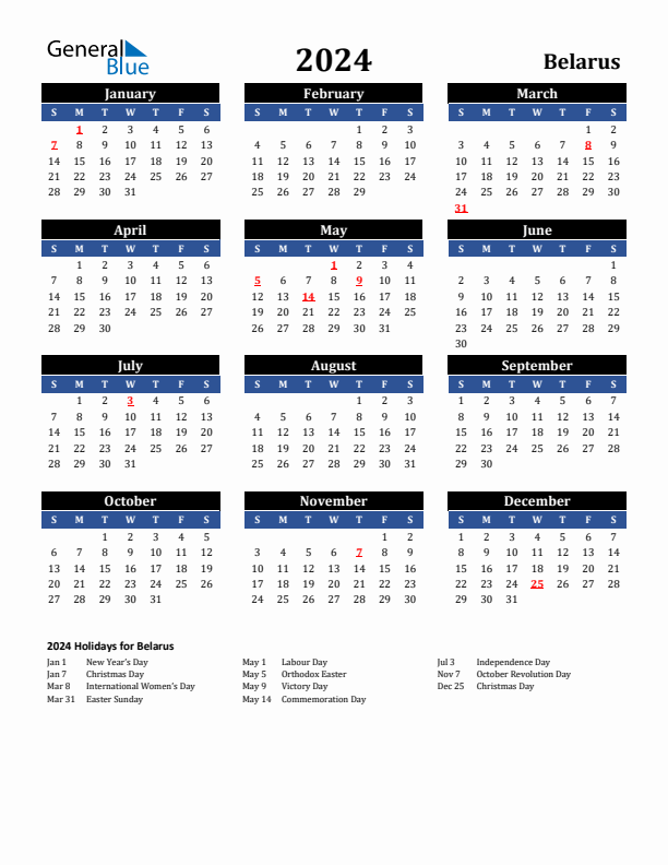 2024 Belarus Holiday Calendar