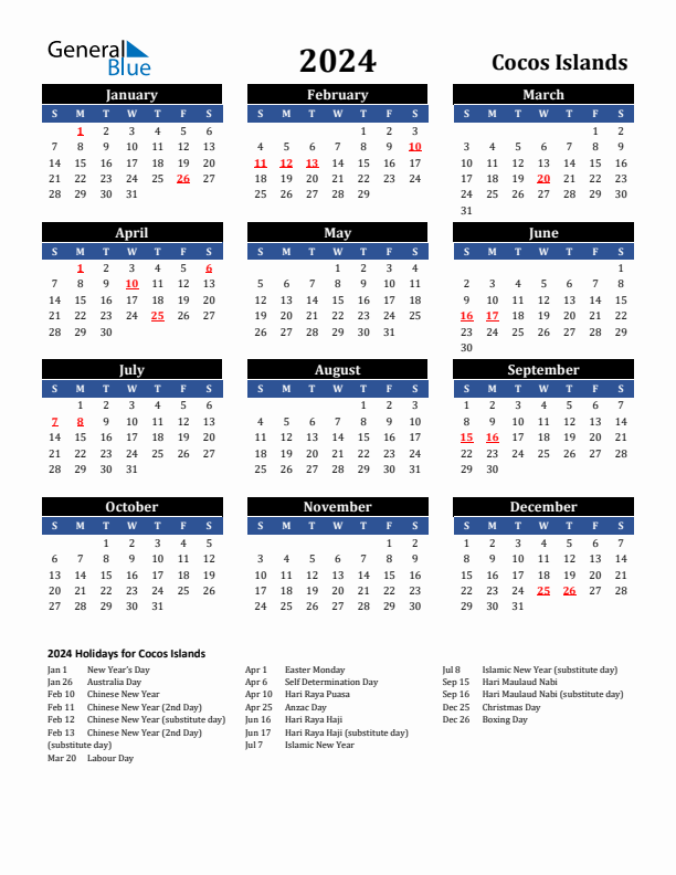 2024 Cocos Islands Holiday Calendar