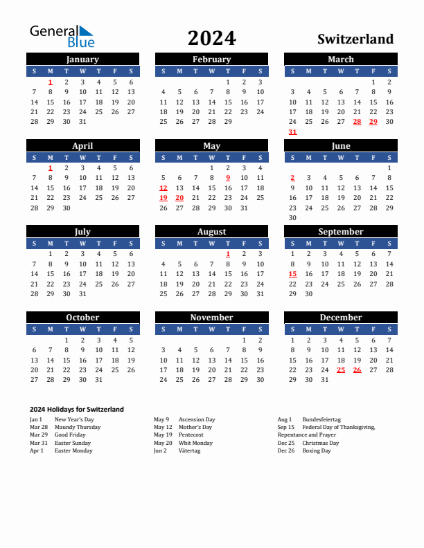 2024 Switzerland Holiday Calendar