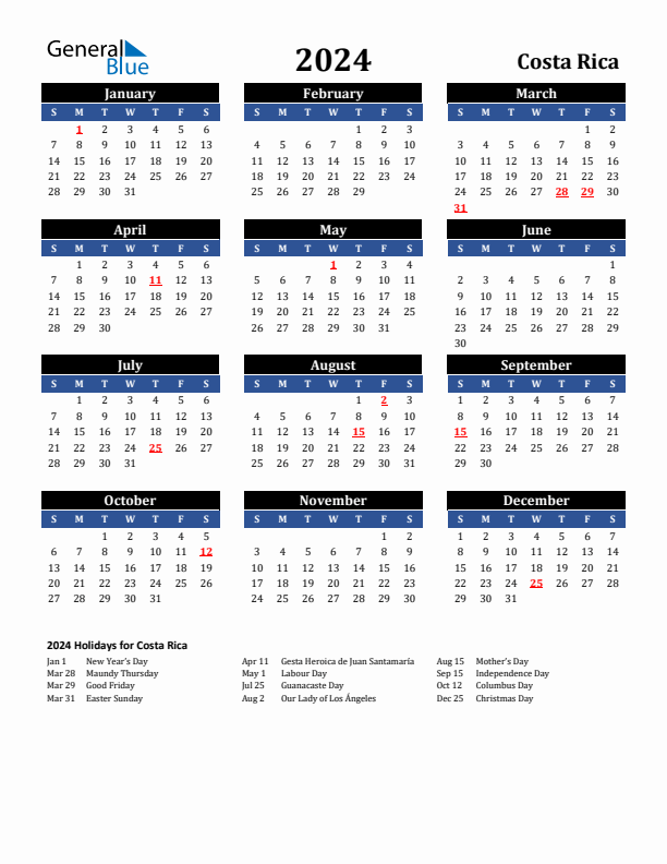 2024 Costa Rica Holiday Calendar