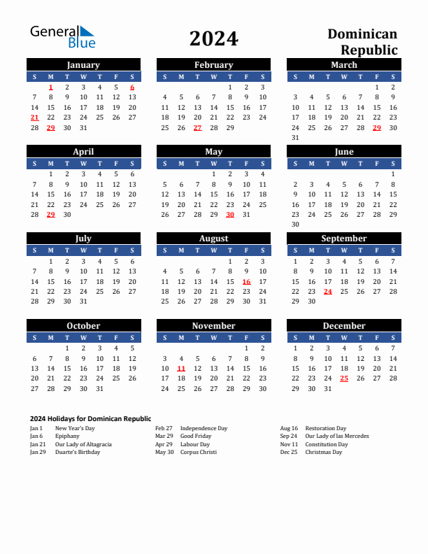 2024 Dominican Republic Holiday Calendar