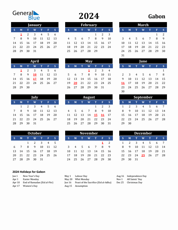 2024 Gabon Holiday Calendar