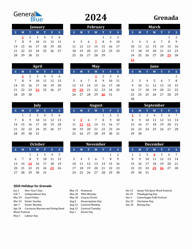 2024 Grenada Holiday Calendar