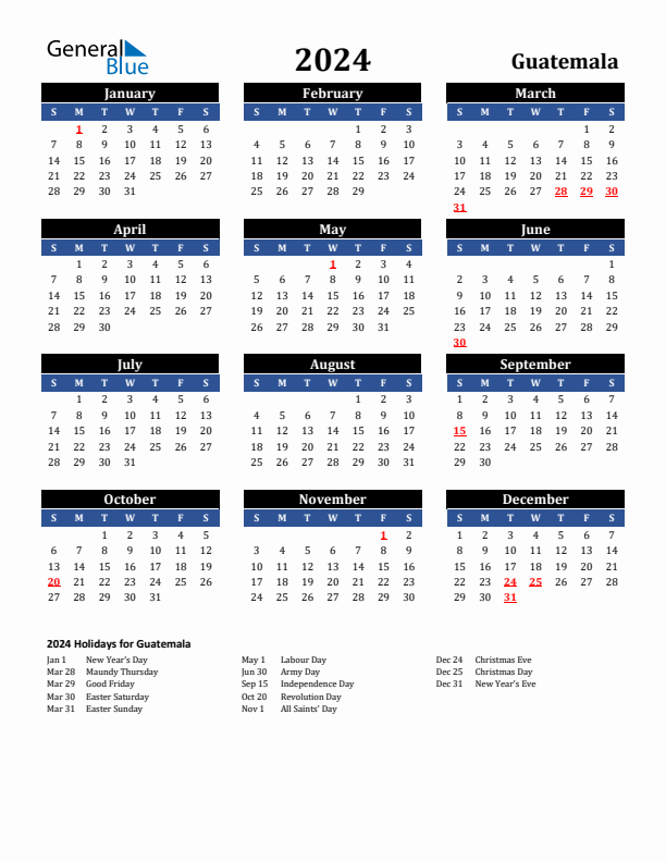 2024 Guatemala Holiday Calendar