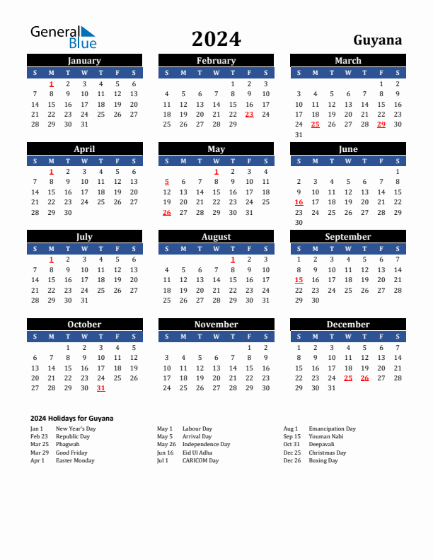 2024 Guyana Holiday Calendar