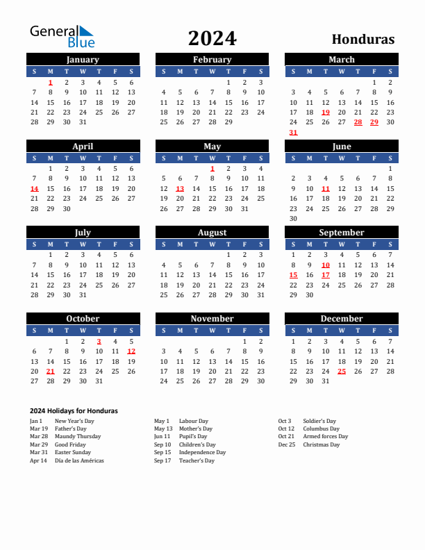 2024 Honduras Holiday Calendar