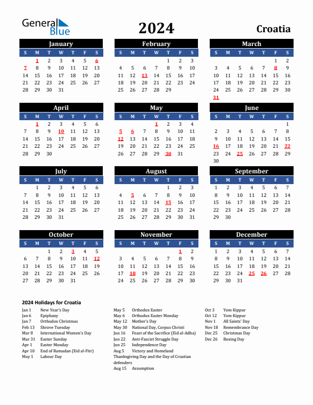 2024 Croatia Holiday Calendar