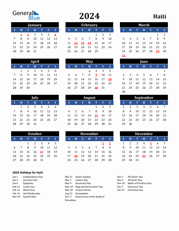 2024 Haiti Holiday Calendar