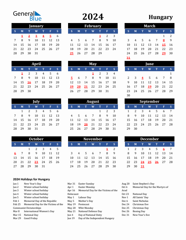 2024 Hungary Holiday Calendar