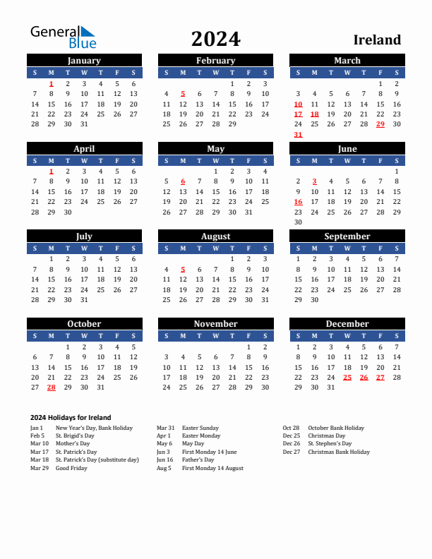 2024 Ireland Holiday Calendar