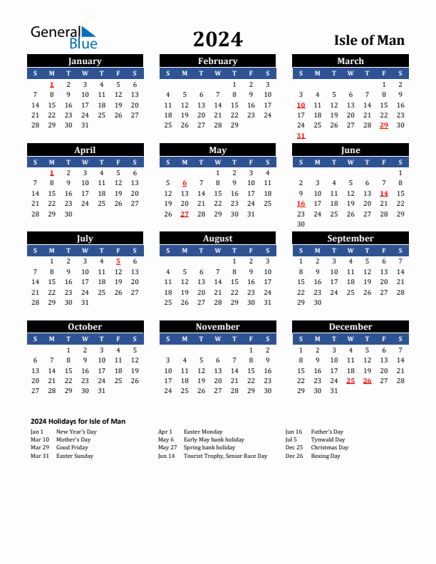 2024 Isle of Man Holiday Calendar