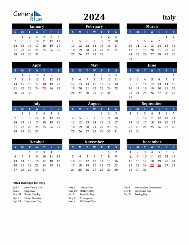 2024 Italy Holiday Calendar