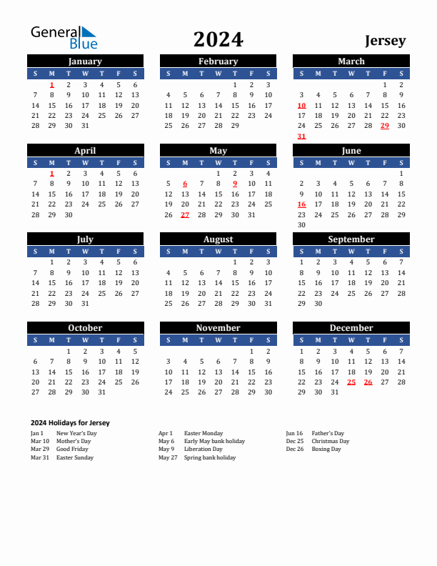 2024 Jersey Holiday Calendar