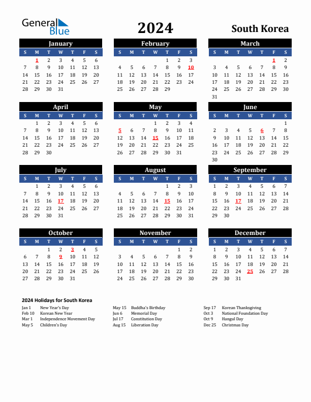 2024 South Korea Holiday Calendar