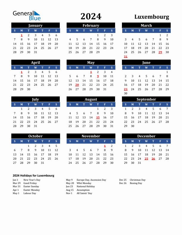 2024 Luxembourg Holiday Calendar