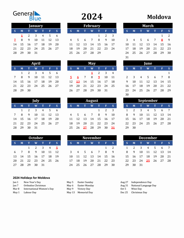 2024 Moldova Holiday Calendar