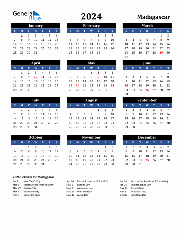 2024 Madagascar Holiday Calendar