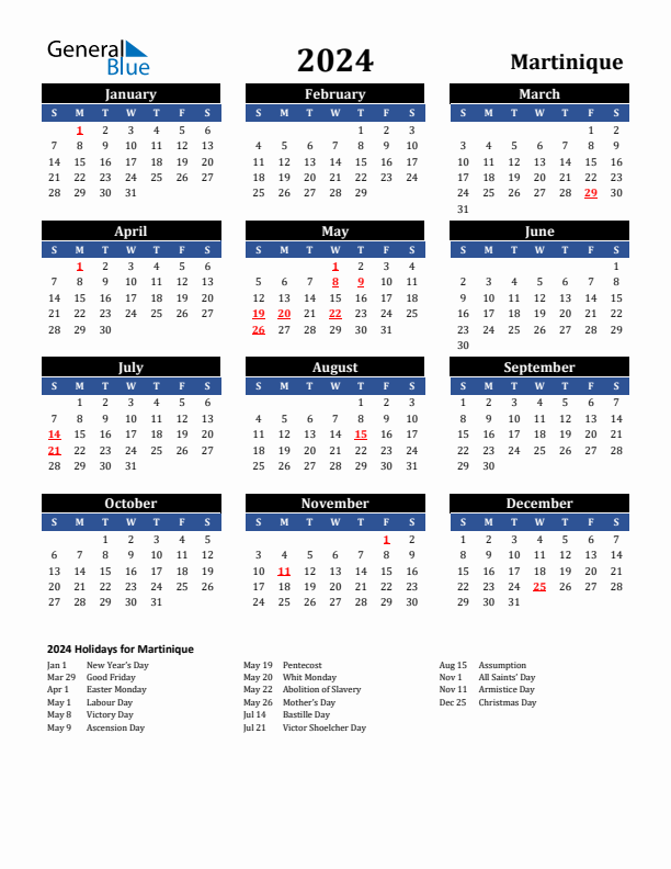 2024 Martinique Holiday Calendar