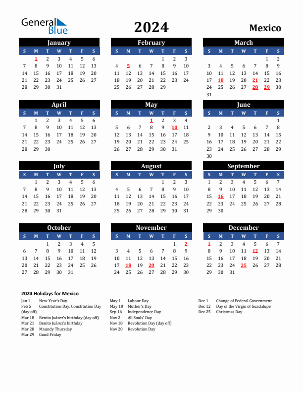 2024 Mexico Holiday Calendar