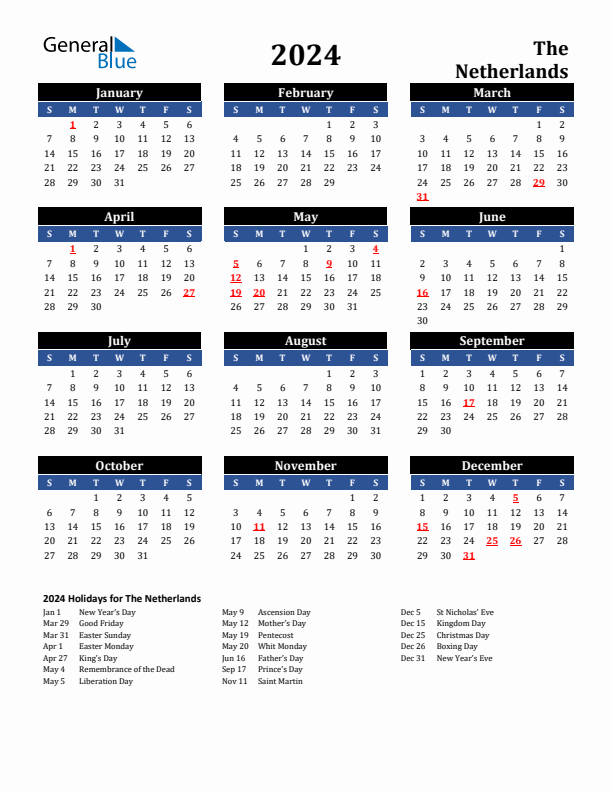 2024 The Netherlands Holiday Calendar