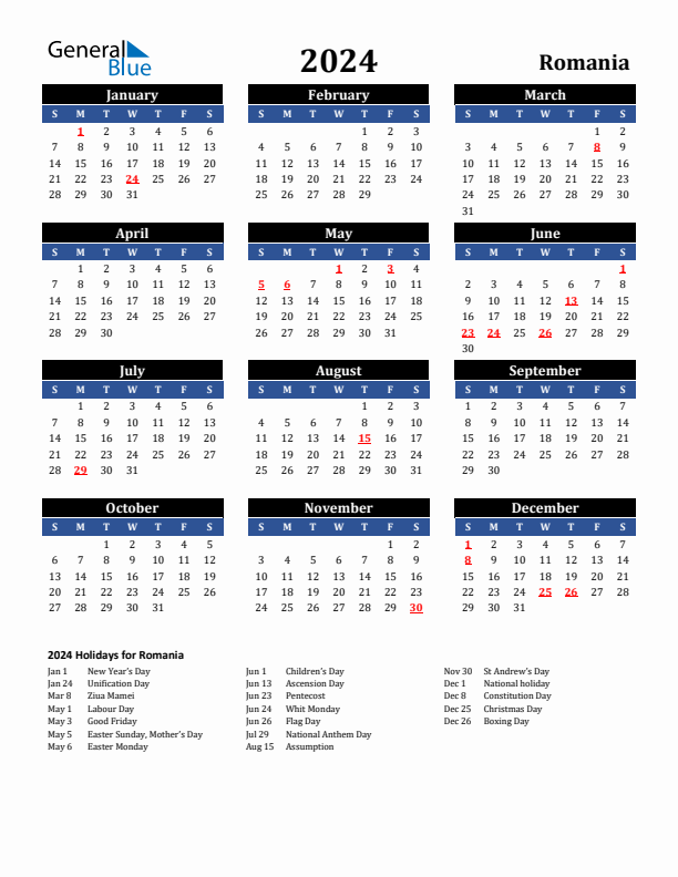 2024 Romania Holiday Calendar