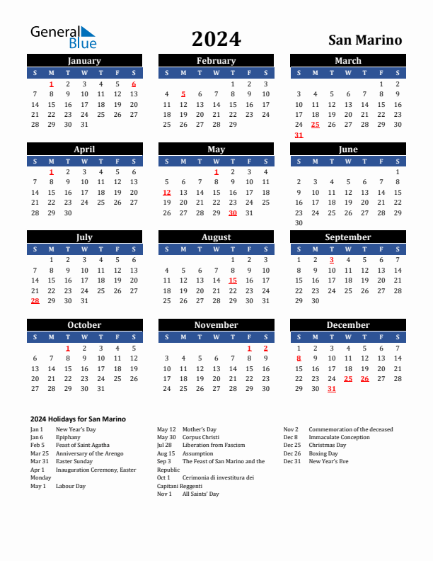 2024 San Marino Holiday Calendar