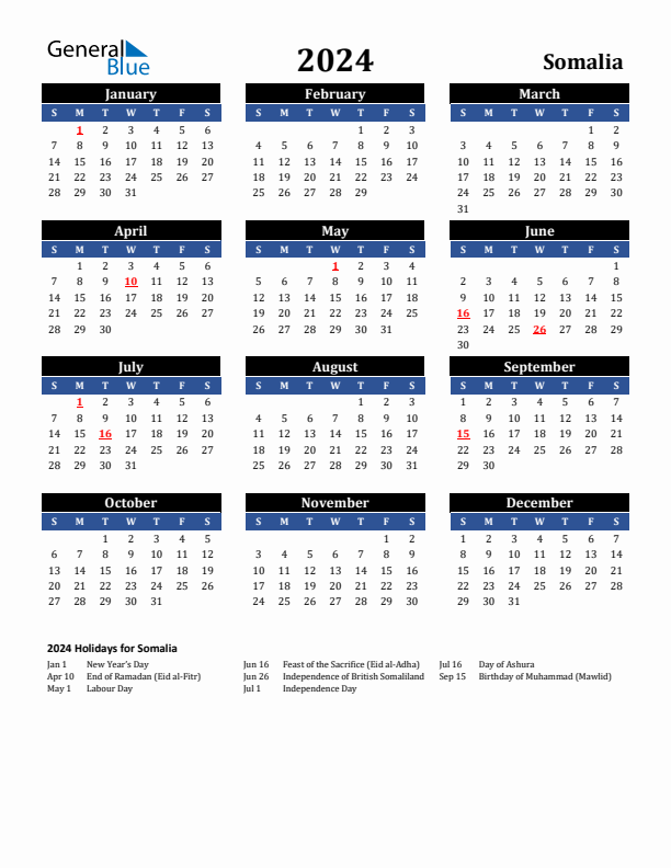 2024 Somalia Holiday Calendar