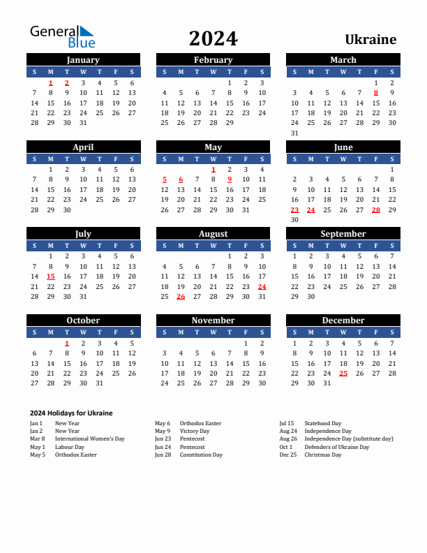 2024 Ukraine Holiday Calendar