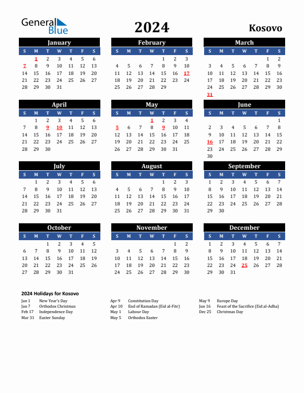 2024 Kosovo Holiday Calendar