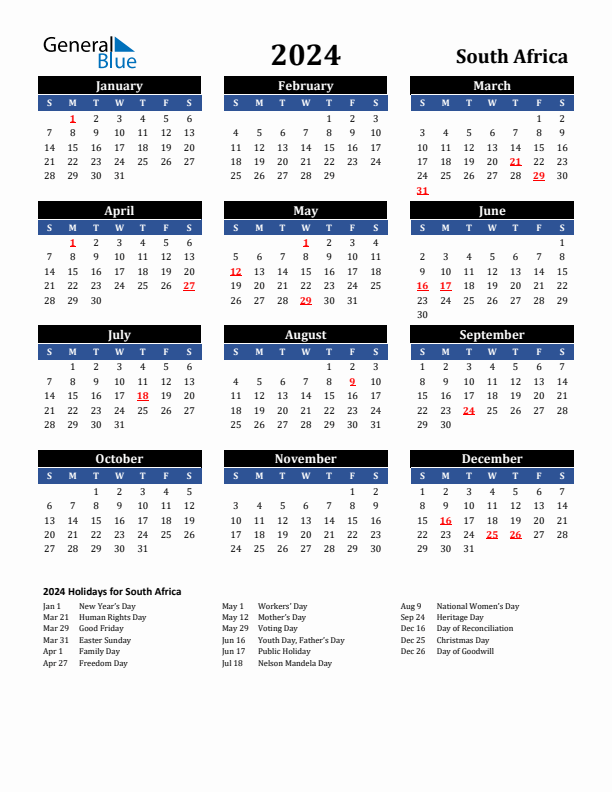 2024 South Africa Holiday Calendar