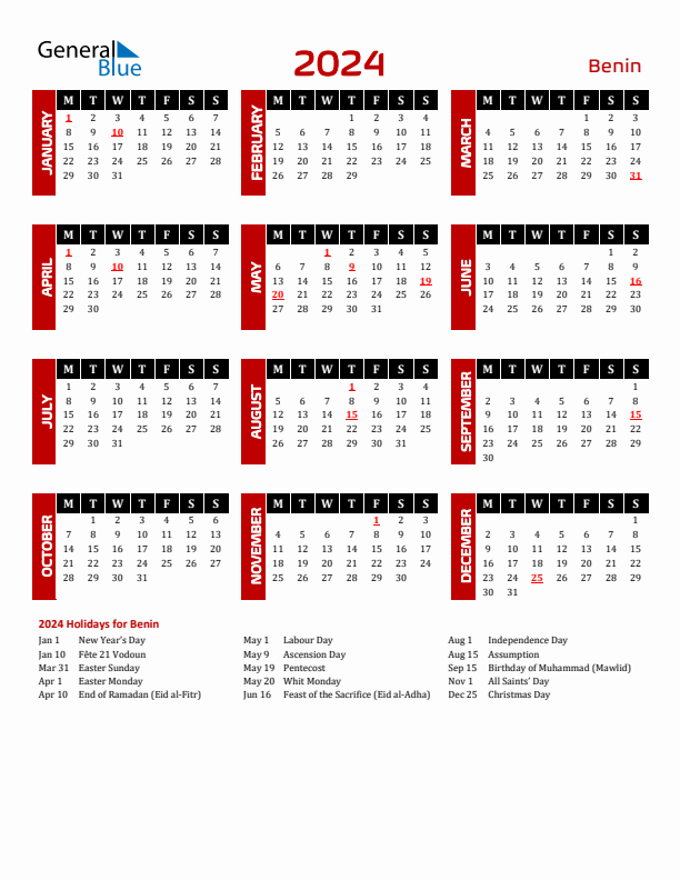 Download Benin 2024 Calendar - Monday Start