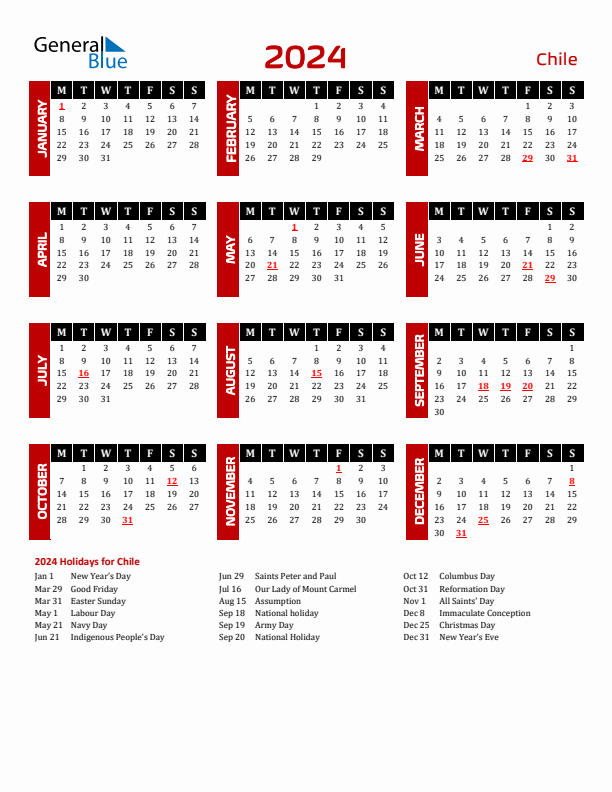 Download Chile 2024 Calendar - Monday Start