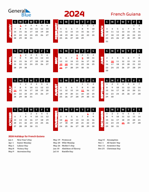 French Guiana current year calendar 2024 with holidays