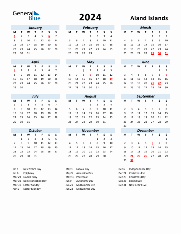 2024 Calendar for Aland Islands with Holidays