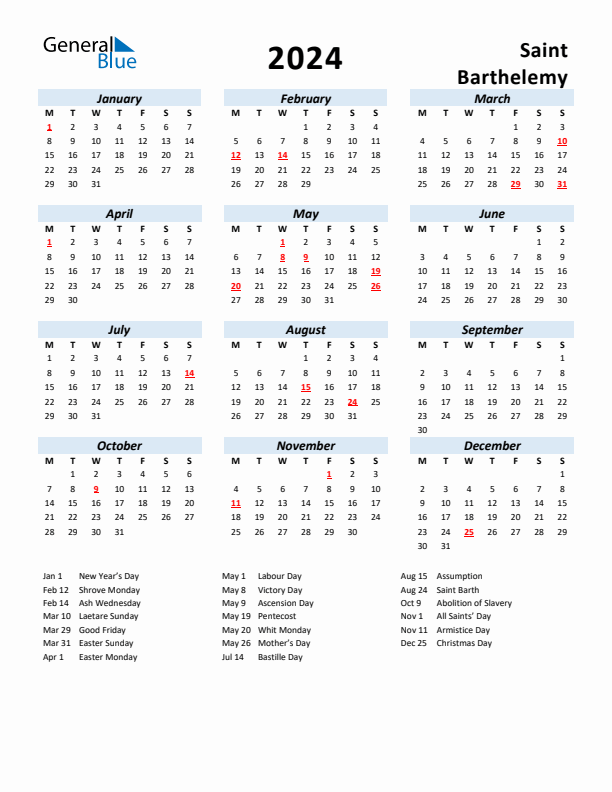 2024 Calendar for Saint Barthelemy with Holidays