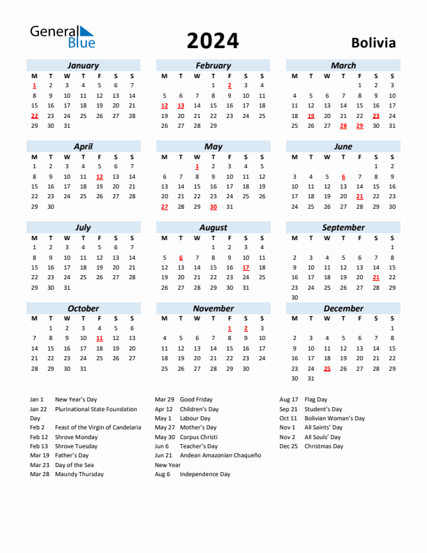 2024 Calendar for Bolivia with Holidays