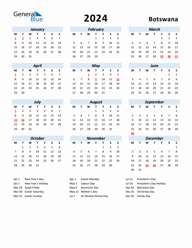 2024 Calendar for Botswana with Holidays